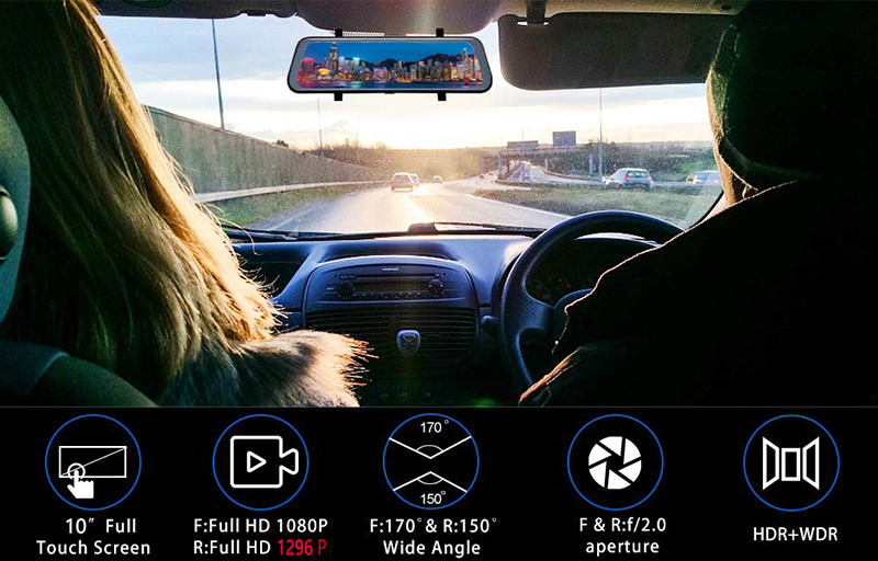 Καθρέπτης Αυτοκινήτου με Οθόνη LCD 10'', Κάμερα Καταγραφικό Full HD 1296p DVR, Κάμερα Οπισθοπορείας, Αισθητήρα Κίνησης, G Sensor, Parking